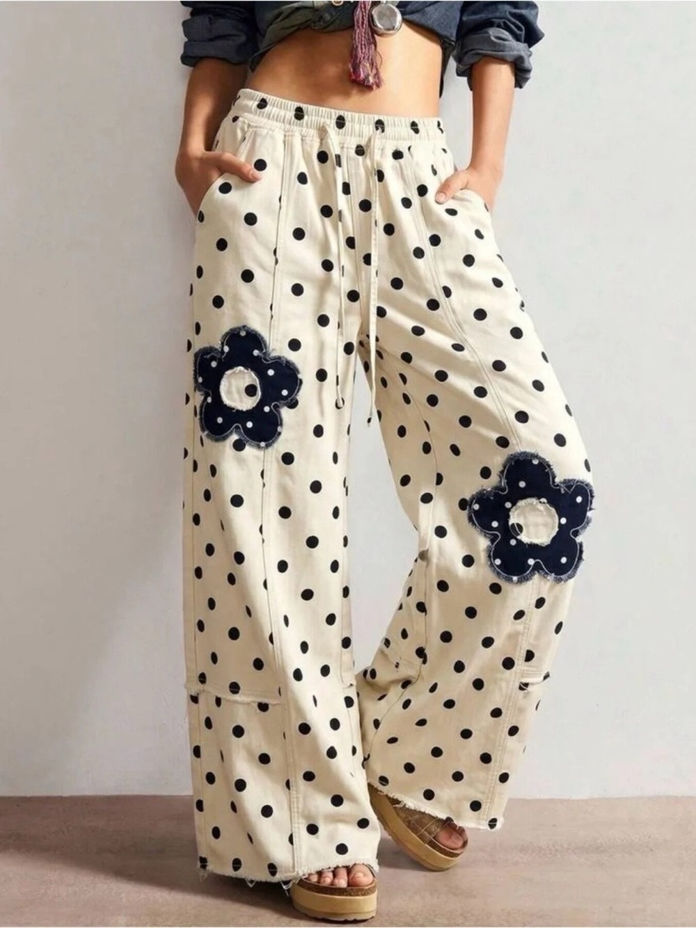 Floral Applique Polka Dot Wide-Leg Jeans